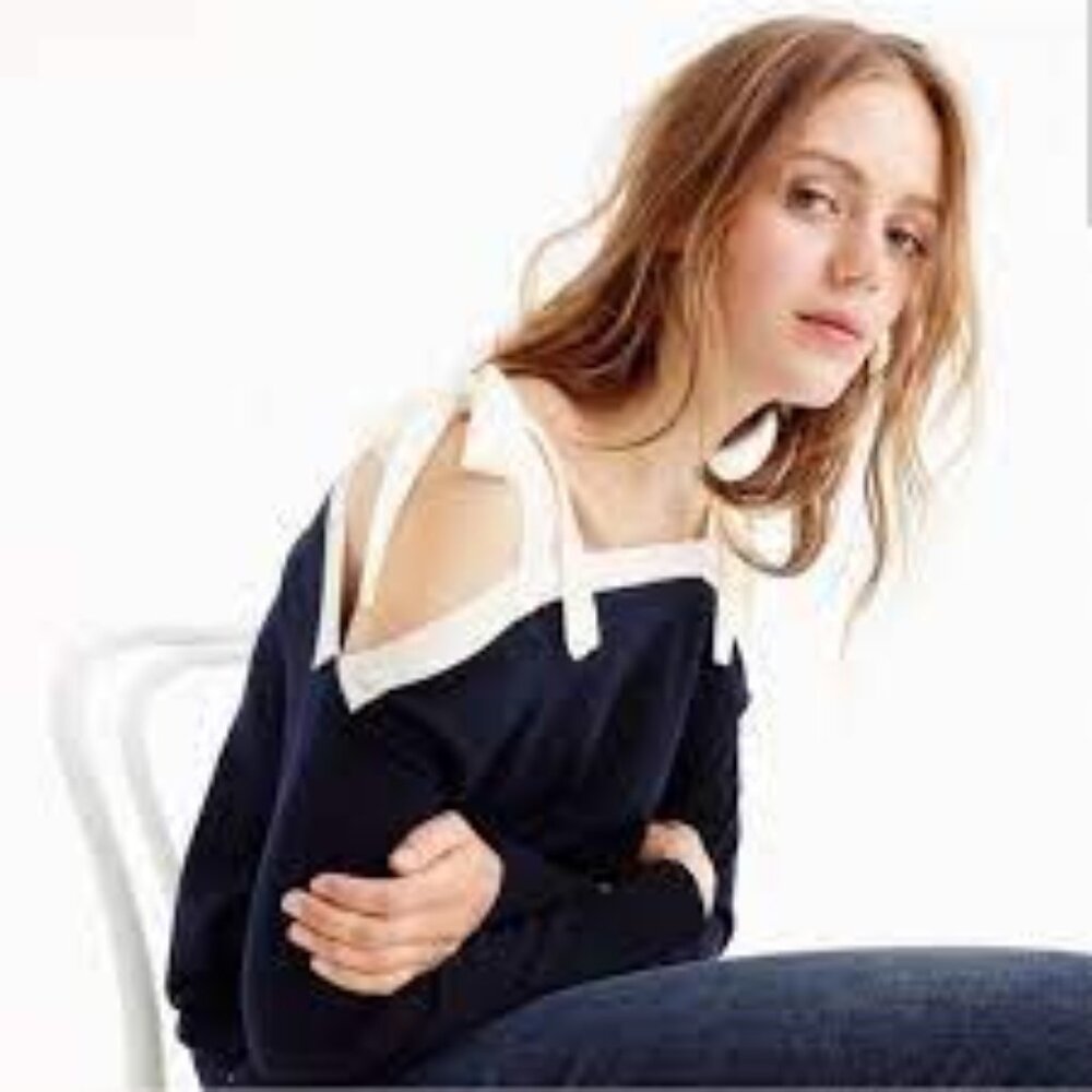 J. Crew Factory Navy Tie Cold Shoulder Boatneck Sweater Top Small